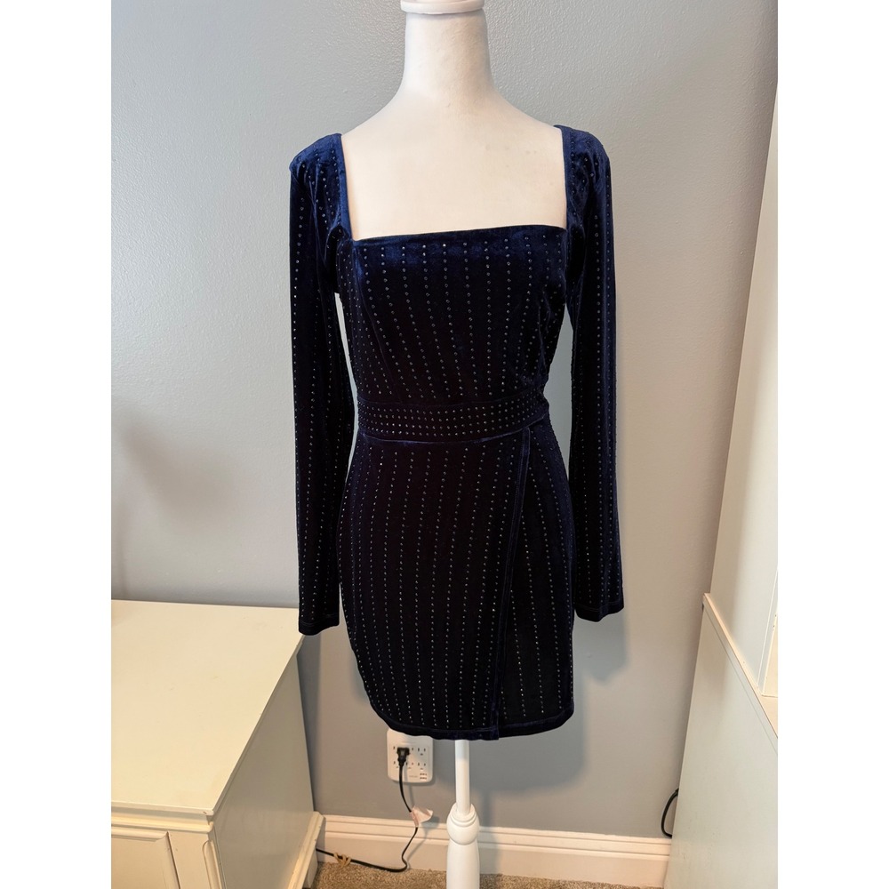 Windsor Navy Blue Velvet Rhinestone Square Neck Long Sleeve Mini Dress Large NWT